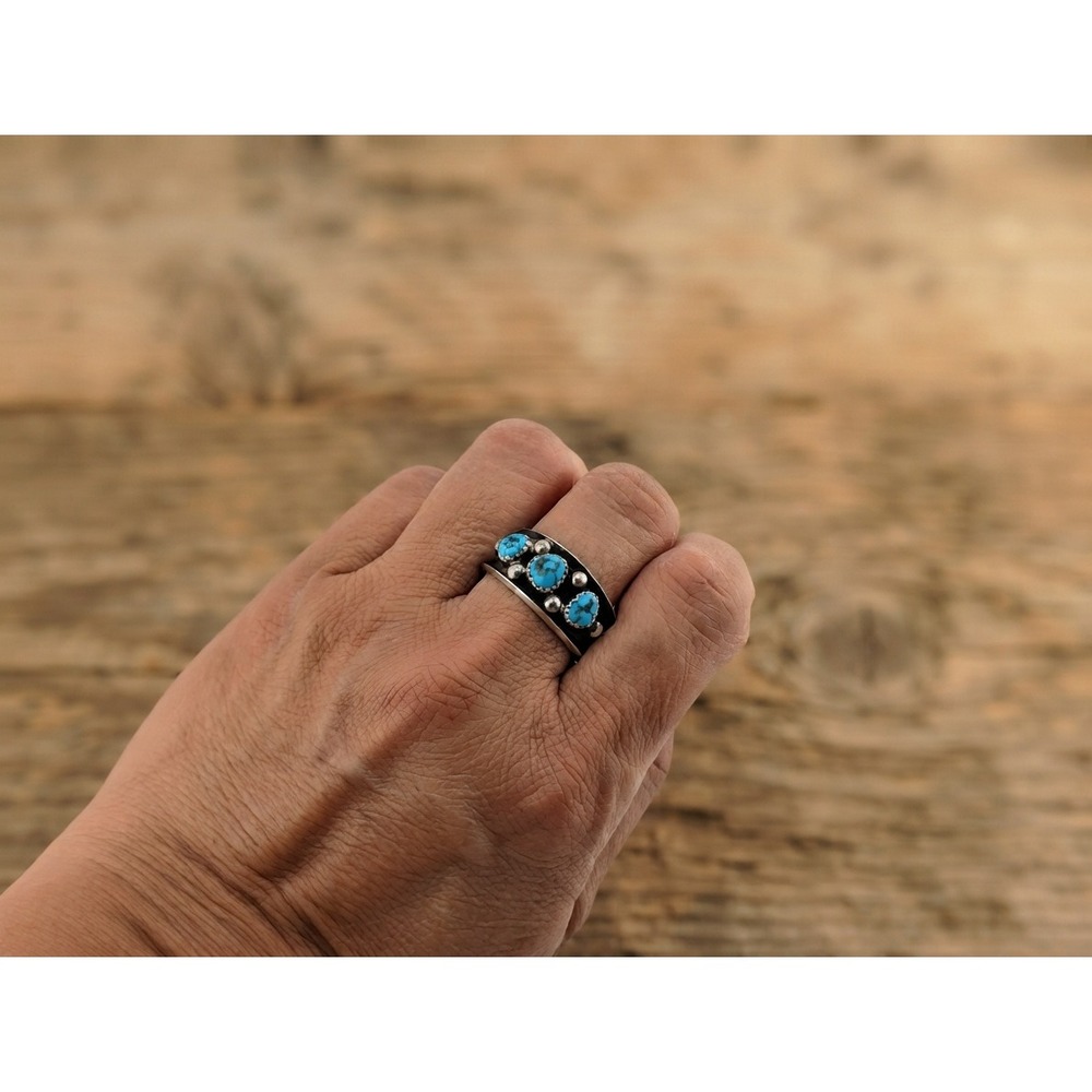 Navajo Turquoise 3-Stone Band Ring Unisex Handmade Jewelry Sz 12.25US